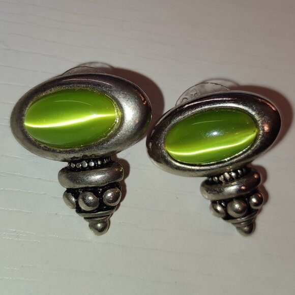 Green Cat Eye Roman Style Eaarrings Academia Silver Vintage - Picture 2 of 5